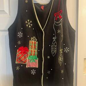 Christmas Vest Womens XXL Black Button Appliqué Beaded Holiday Cardigan Jolly